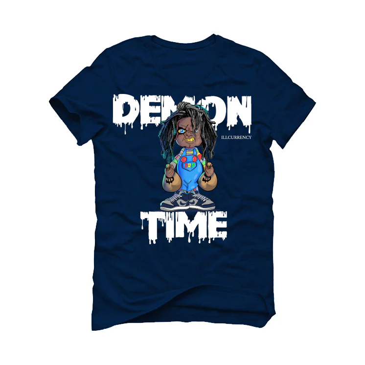 Air Jordan 1 High ‘85 “Georgetown” | illCurrency Navy Blue T-Shirt (DEMON TIME) - Image 2