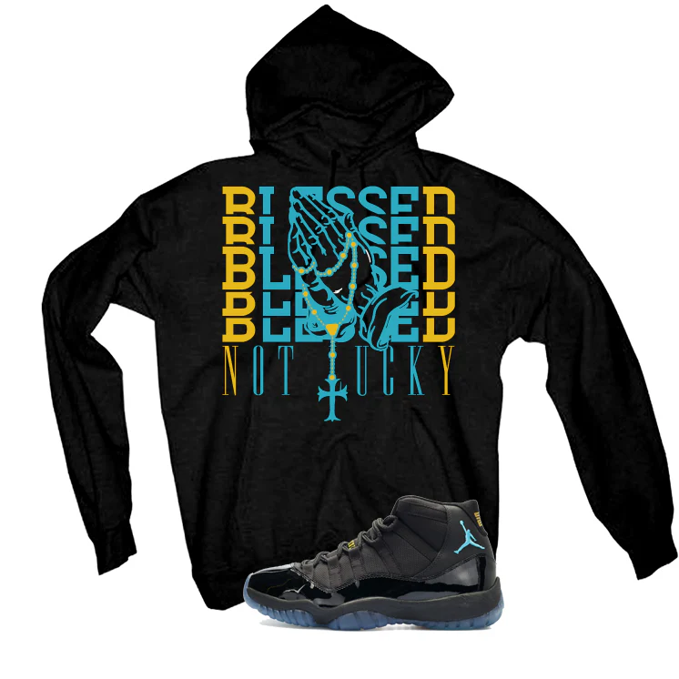 Air Jordan 11 Gamma Blue Matching T-Shirt, Sweatshirts & Hoodies Black T-Shirt (Blessed not lucky)| illcurrency - Image 3