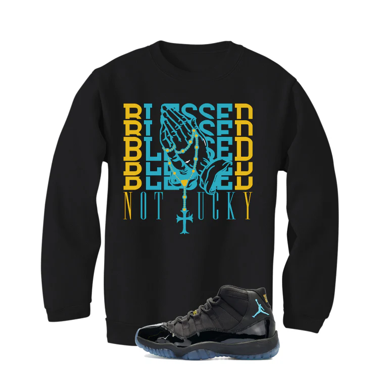 Air Jordan 11 Gamma Blue Matching T-Shirt, Sweatshirts & Hoodies Black T-Shirt (Blessed not lucky)| illcurrency - Image 4