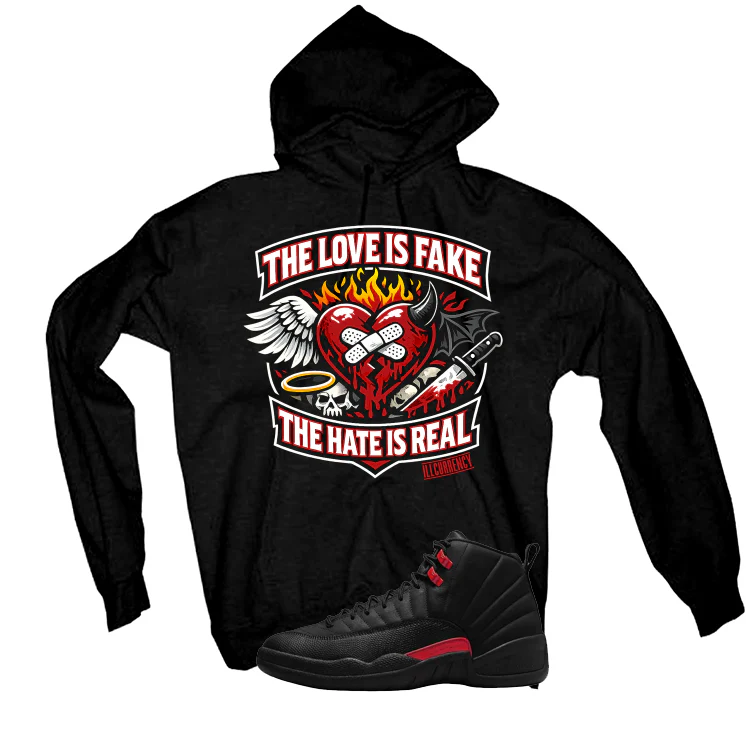 Air Jordan 12 Bloodline Matching T-Shirt, Sweatshirts, & Hoodies Black T-Shirt (The Love is fake)| illcurrency - Image 3