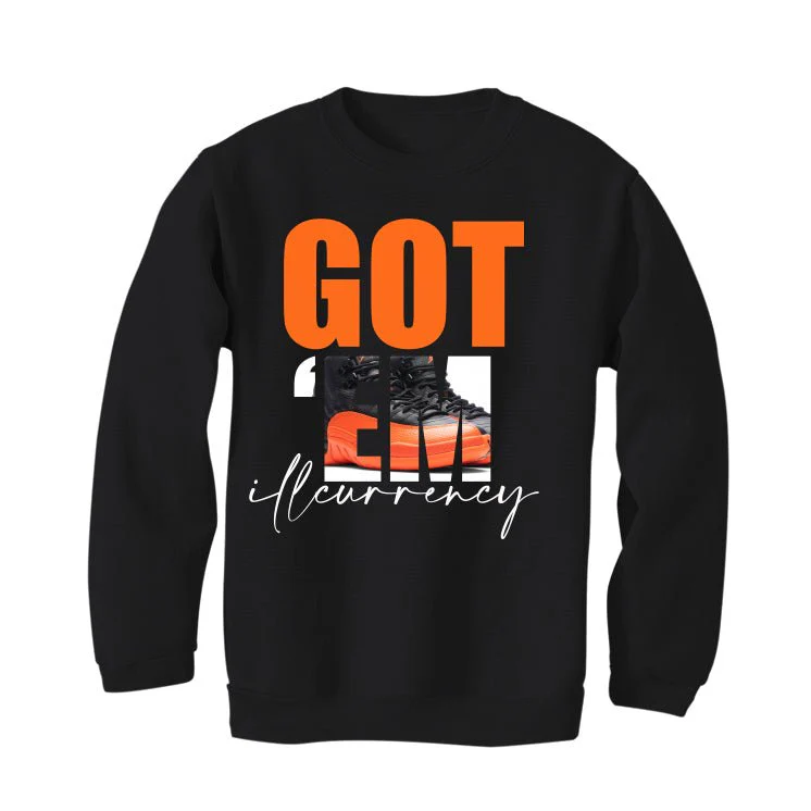 Air Jordan 12 “Brilliant Orange” | illcurrency Black T-Shirt (Got Em) - Image 4