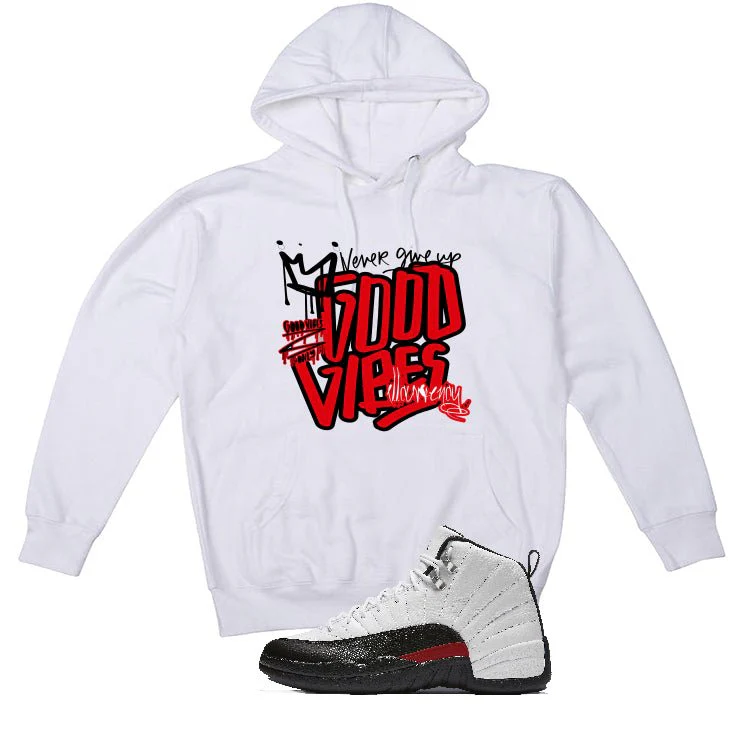 Air Jordan 12 “Red Taxi” | illcurrency White T-Shirt (Good Vibes) - Image 3