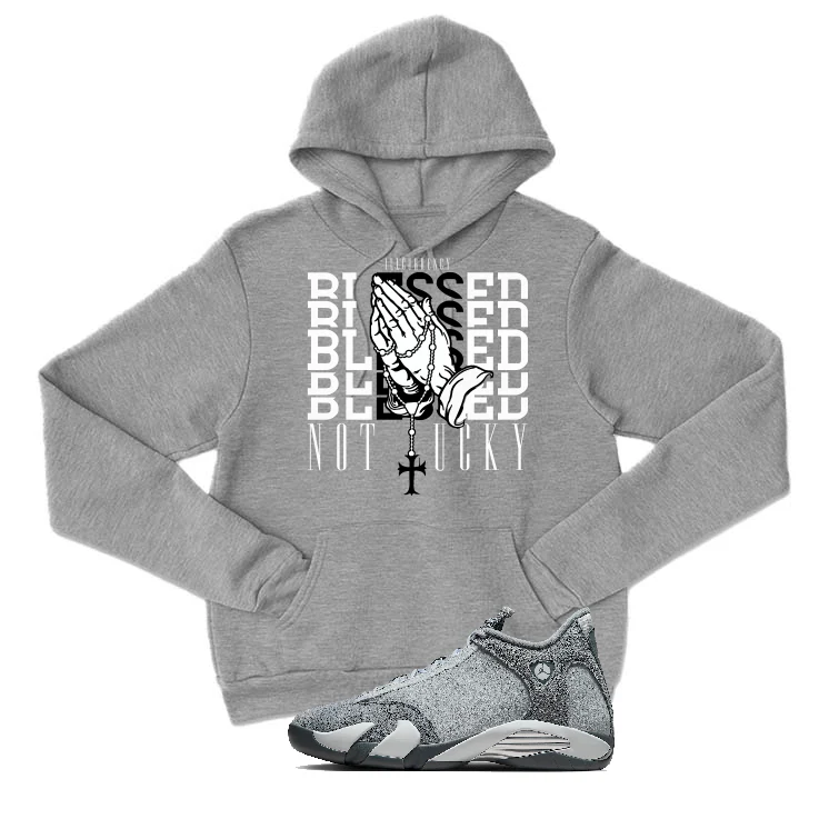 Air Jordan 14 “Flint Grey” | illcurrency Grey T-Shirt (Blessed not lucky) - Image 3