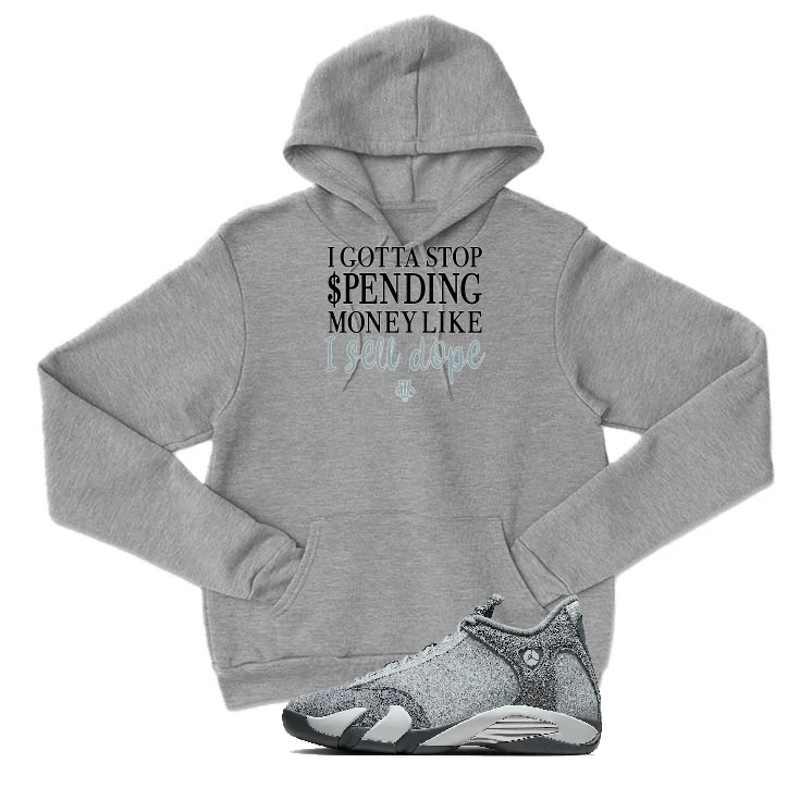 Air Jordan 14 “Flint Grey” | illcurrency Grey T-Shirt (STOP SPENDING MONEY) - Image 3