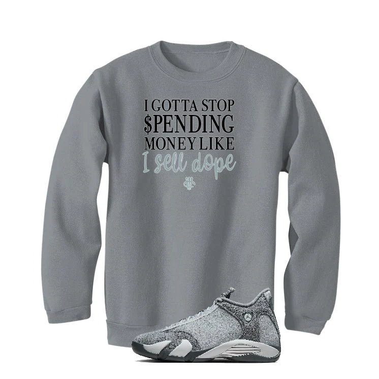 Air Jordan 14 “Flint Grey” | illcurrency Grey T-Shirt (STOP SPENDING MONEY) - Image 4