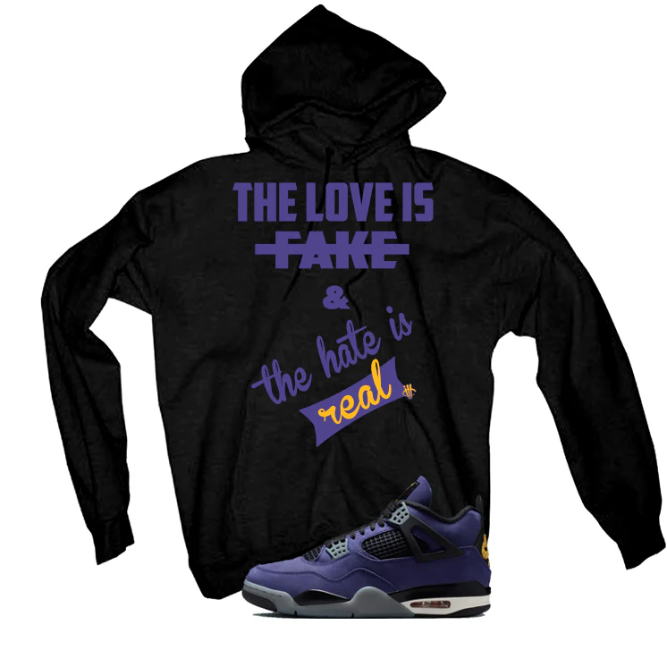 Air Jordan 4 OG Lakers Matching T-Shirt, Sweatshirts & Hoodies Black T-Shirt (The Love is fake)| illcurrency - Image 3