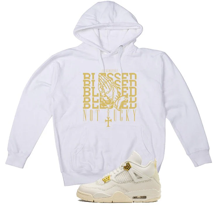 Air Jordan 4 WMNS “Metallic Gold” | illcurrency White T-Shirt (Blessed not lucky) - Image 3