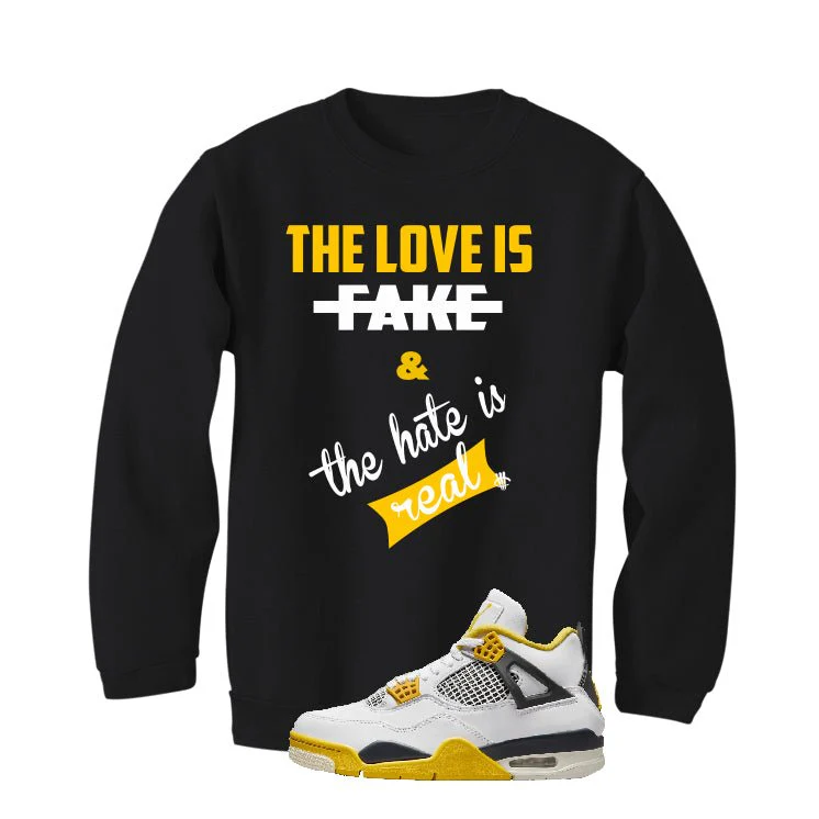 Air Jordan 4 WNNS “Vivid Sulfur” | illcurrency Black T-Shirt (Love is Fake) - Image 4
