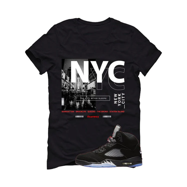 Air Jordan 5 Black Metallic Reimagined Black T-Shirt (City Never Sleeps)| illcurrency - Image 2