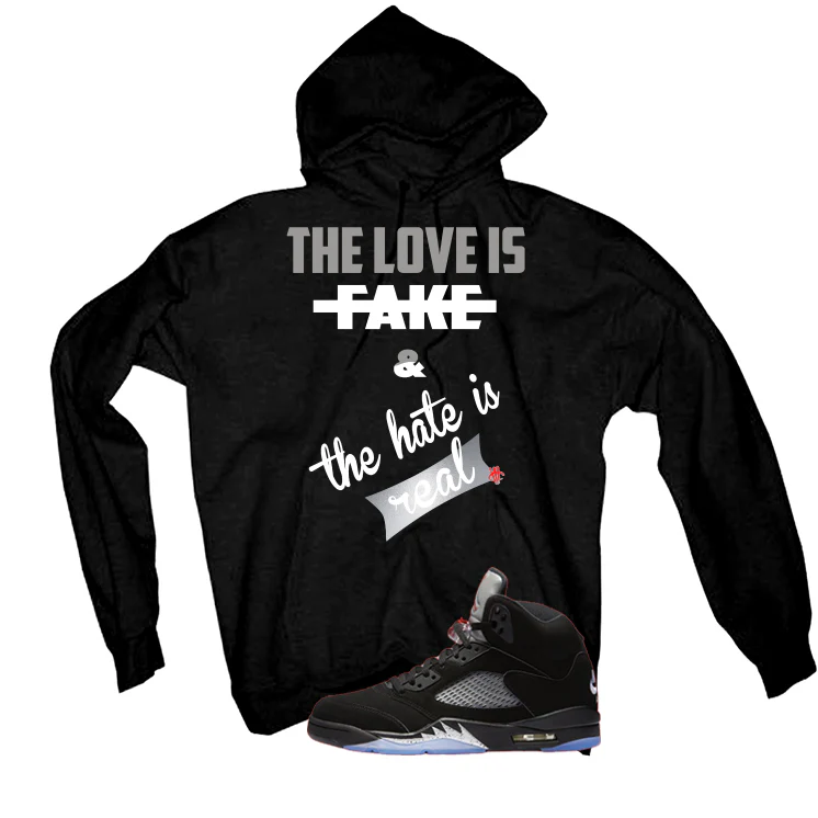 Air Jordan 5 Black Metallic Reimagined Black T-Shirt (Love is Fake)| illcurrency - Image 3