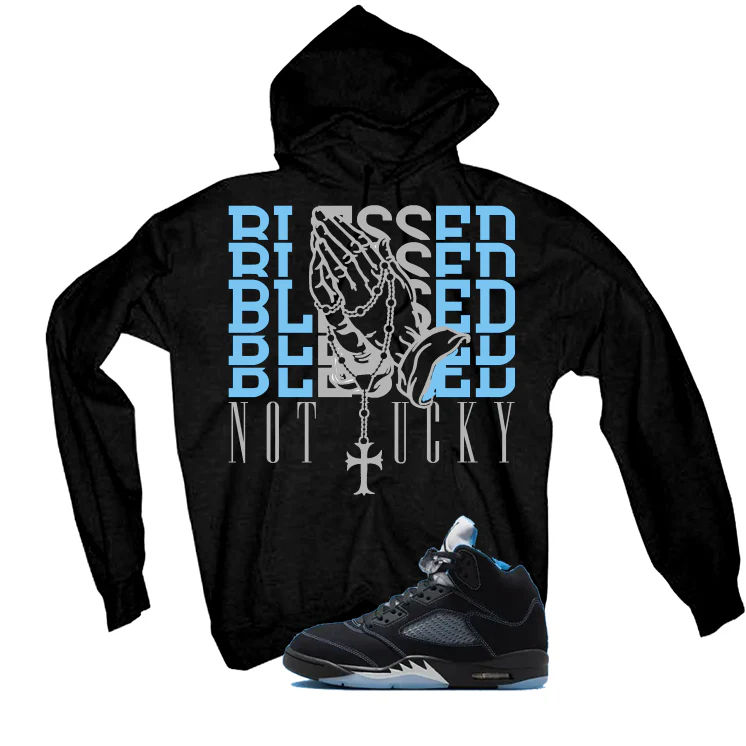 Air Jordan 5 Black/University Blue Matching T-Shirt Black T-Shirt (Blessed not lucky)| illcurrency - Image 3