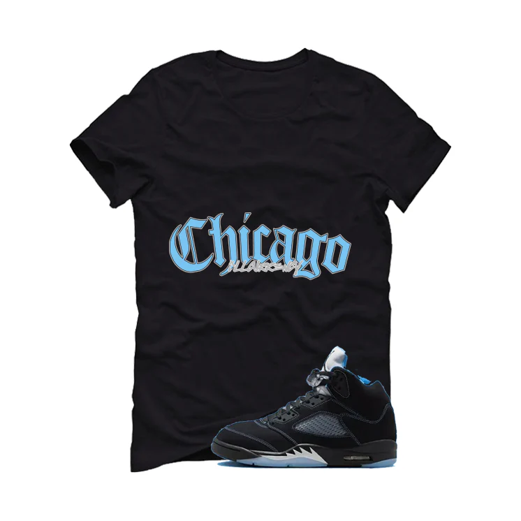 Air Jordan 5 Black/University Blue Matching T-Shirt Black T-Shirt (Chicago)| illcurrency - Image 2