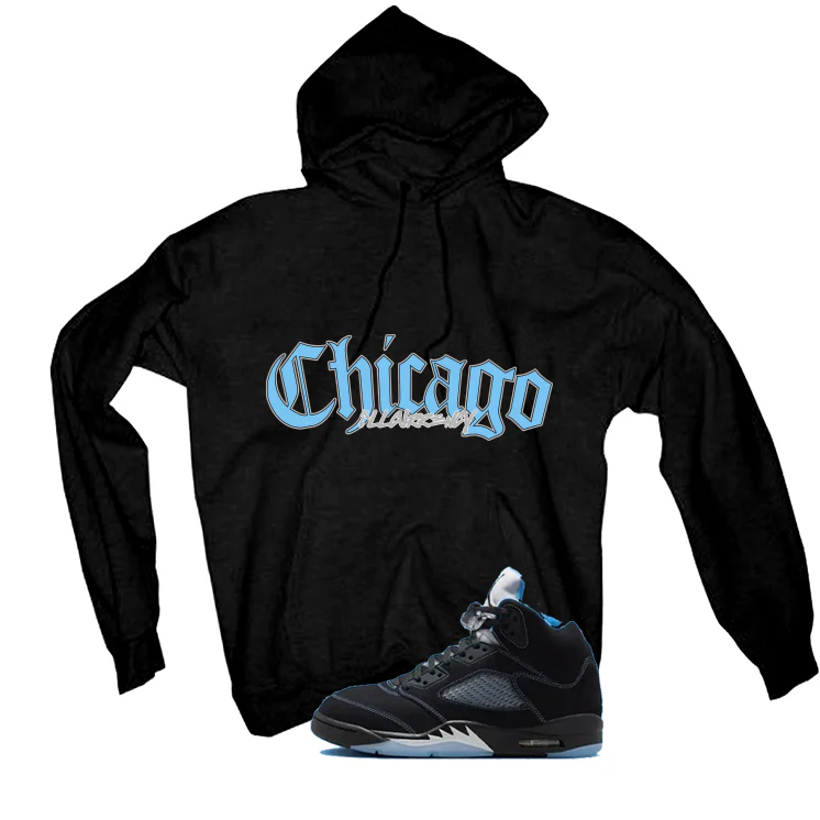 Air Jordan 5 Black/University Blue Matching T-Shirt Black T-Shirt (Chicago)| illcurrency - Image 3