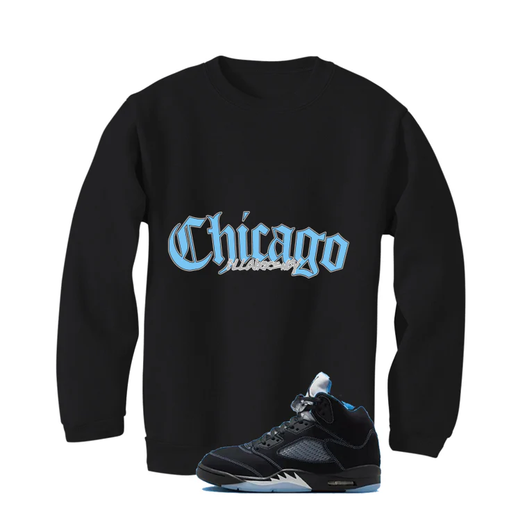 Air Jordan 5 Black/University Blue Matching T-Shirt Black T-Shirt (Chicago)| illcurrency - Image 4