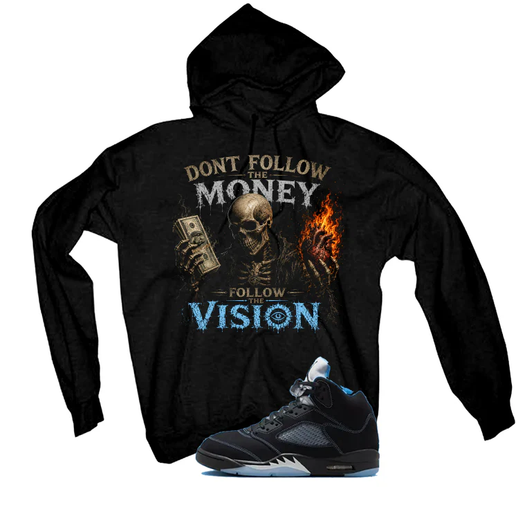 Air Jordan 5 Black/University Blue Matching T-Shirt Black T-Shirt (Dont follow the money)| illcurrency - Image 3