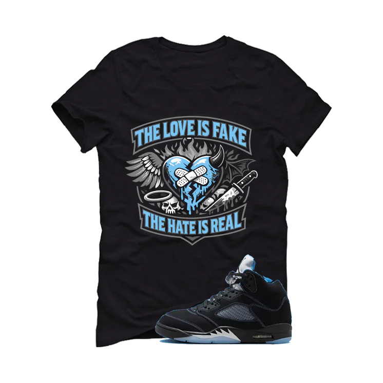 Air Jordan 5 Black/University Blue Matching T-Shirt Black T-Shirt (The Love is fake)| illcurrency - Image 2