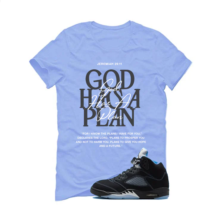 Air Jordan 5 Black/University Blue Matching T-Shirt Carolina Blue T-Shirt (God Has A Plan)| illcurrency - Image 2