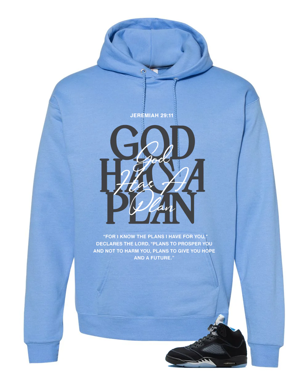 Air Jordan 5 Black/University Blue Matching T-Shirt Carolina Blue T-Shirt (God Has A Plan)| illcurrency - Image 3