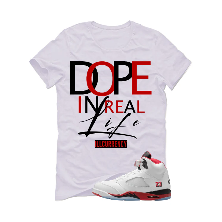 Air Jordan 5 Fire Red Black Tongue White T-Shirt (DOPE)| illcurrency - Image 2