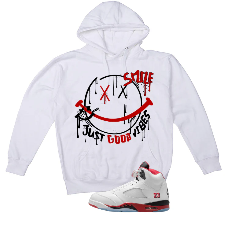 Air Jordan 5 Fire Red Black Tongue White T-Shirt (Smile)| illcurrency - Image 3
