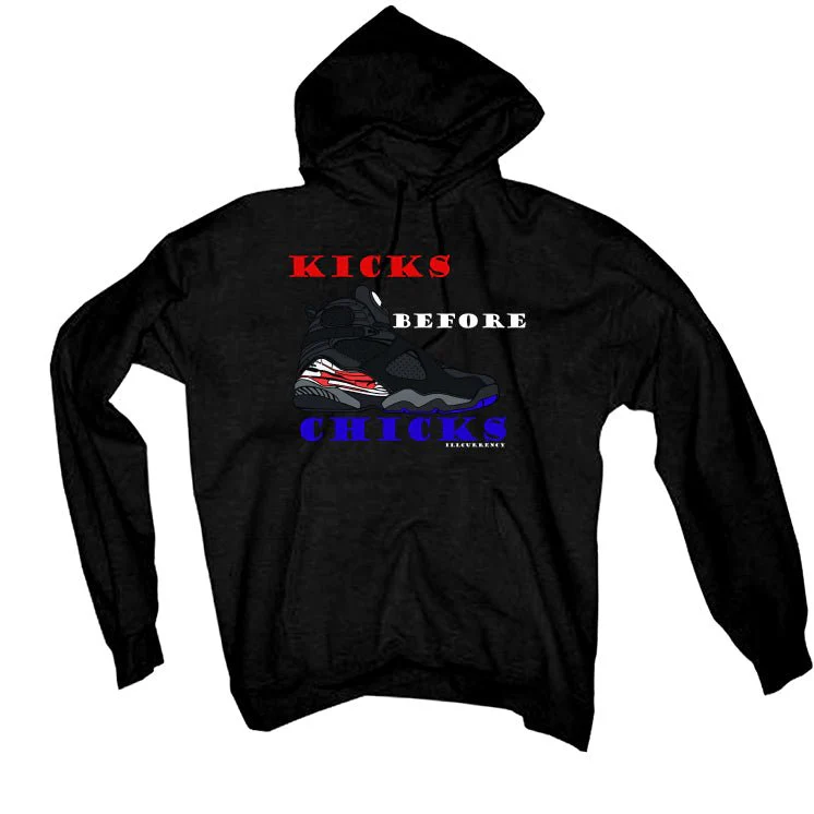 Air Jordan 8 “Playoffs” | illcurrency Black T-Shirt (KICKS BEFORE CHICKS) - Image 3