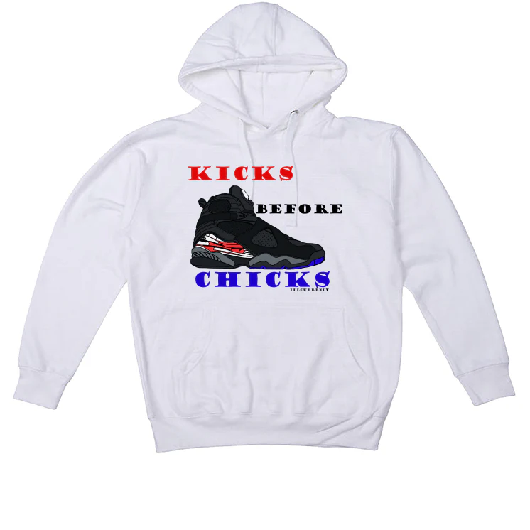 Air Jordan 8 “Playoffs” | illcurrency White T-Shirt (KICKS BEFORE CHICKS) - Image 3