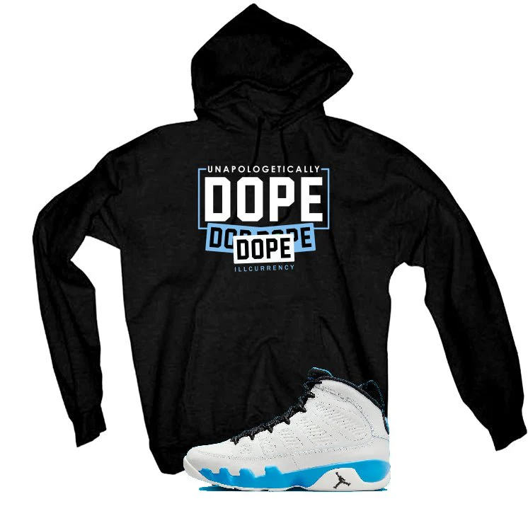 Air Jordan 9 “Powder Blue” | illcurrency Black T-Shirt (DOPE) - Image 3