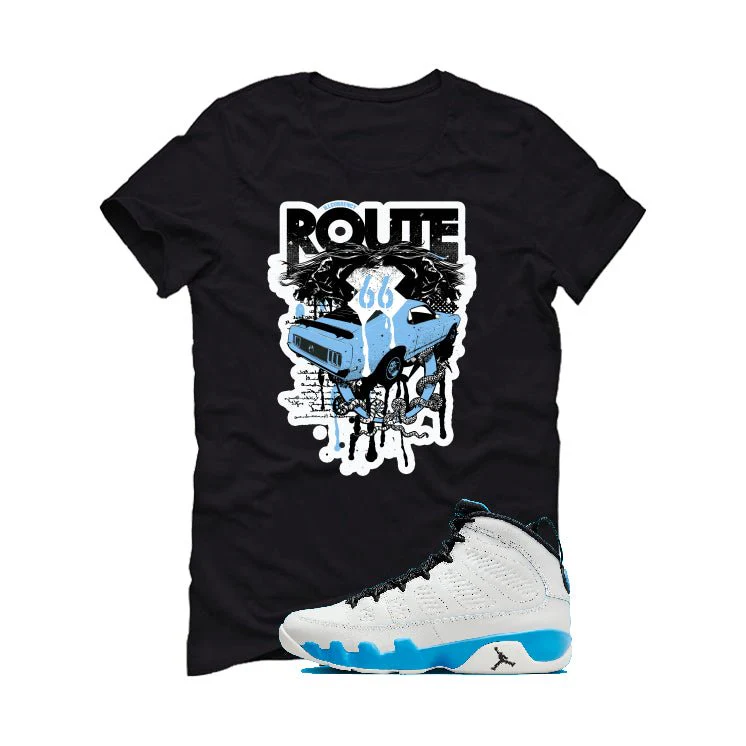 Air Jordan 9 “Powder Blue” | illcurrency Black T-Shirt (Route 66 Vintage car) - Image 2
