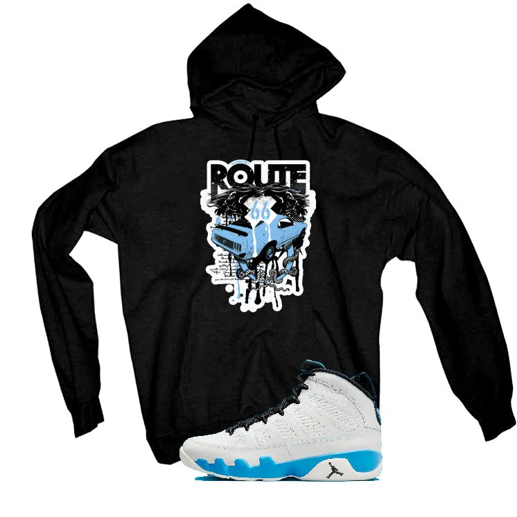 Air Jordan 9 “Powder Blue” | illcurrency Black T-Shirt (Route 66 Vintage car) - Image 3