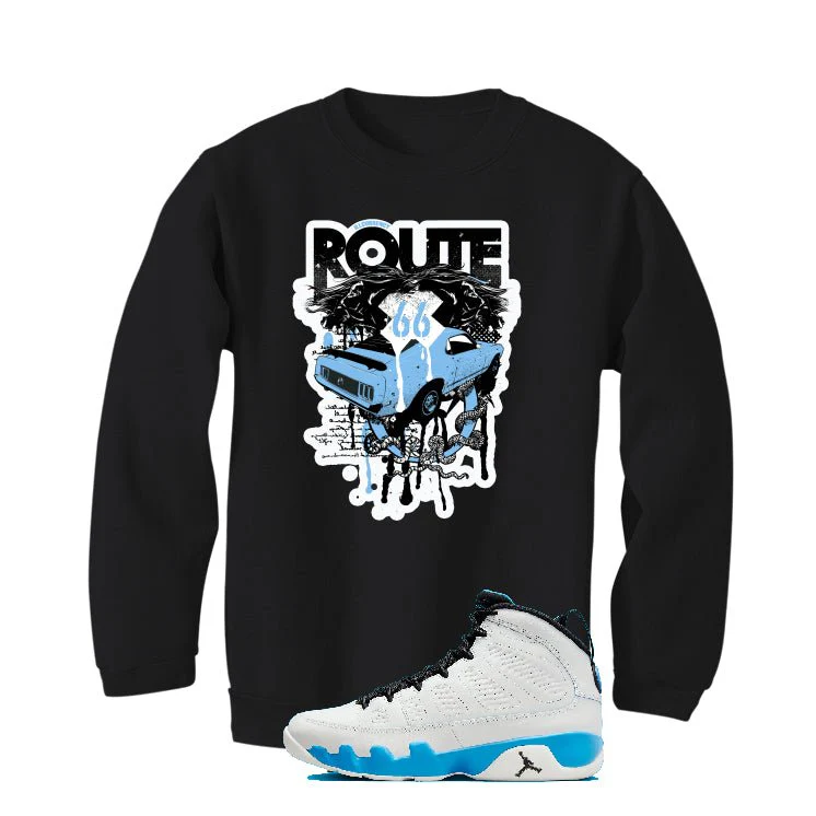 Air Jordan 9 “Powder Blue” | illcurrency Black T-Shirt (Route 66 Vintage car) - Image 4