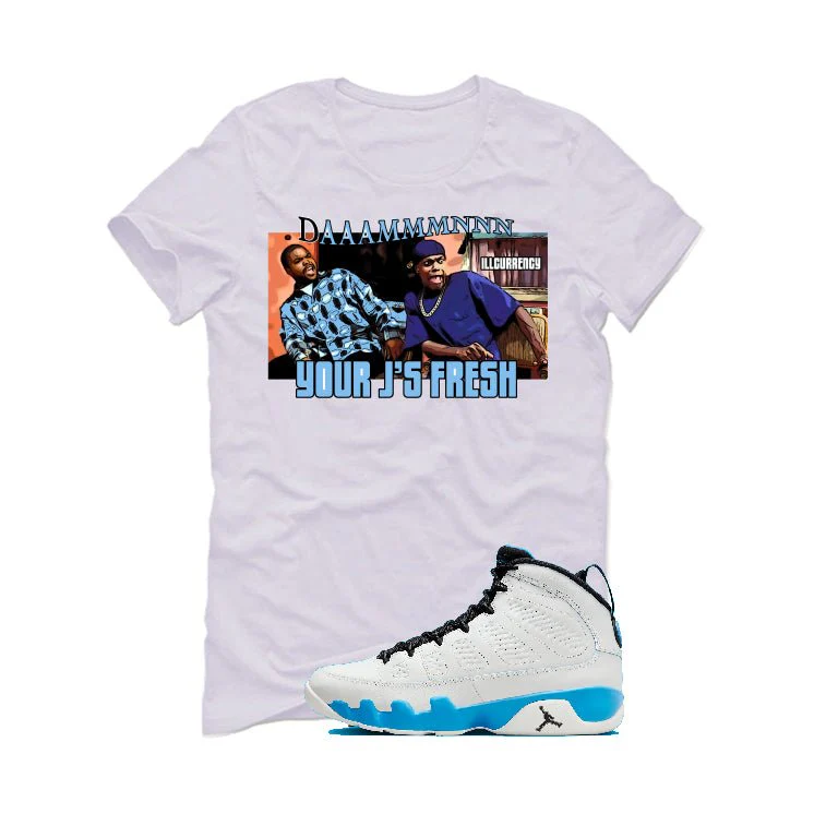 Air Jordan 9 “Powder Blue” | illcurrency White T-Shirt (Damn) - Image 2
