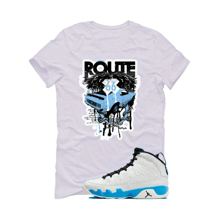 Air Jordan 9 “Powder Blue” | illcurrency White T-Shirt (Route 66 Vintage car) - Image 2