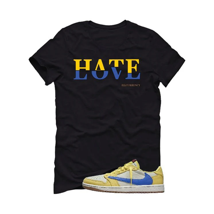 Travis Scott x Air Jordan 1 Low OG “Canary” | illcurrency Black T-Shirt (Hate Love) - Image 2