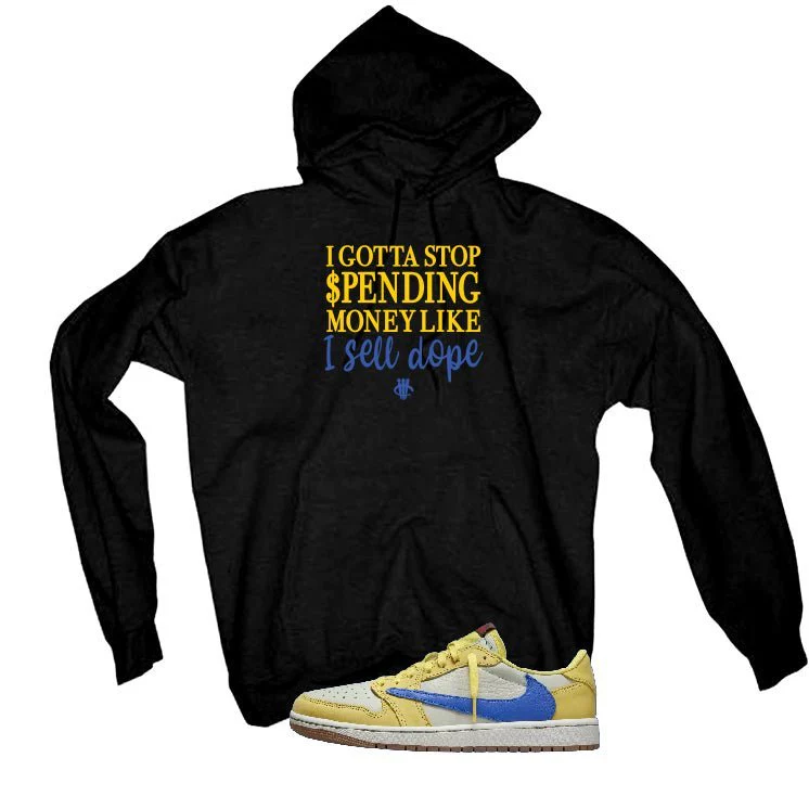 Travis Scott x Air Jordan 1 Low OG “Canary” | illcurrency Black T-Shirt (STOP SPENDING MONEY) - Image 3