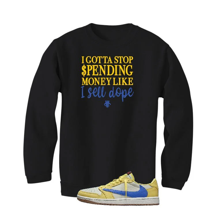Travis Scott x Air Jordan 1 Low OG “Canary” | illcurrency Black T-Shirt (STOP SPENDING MONEY) - Image 4