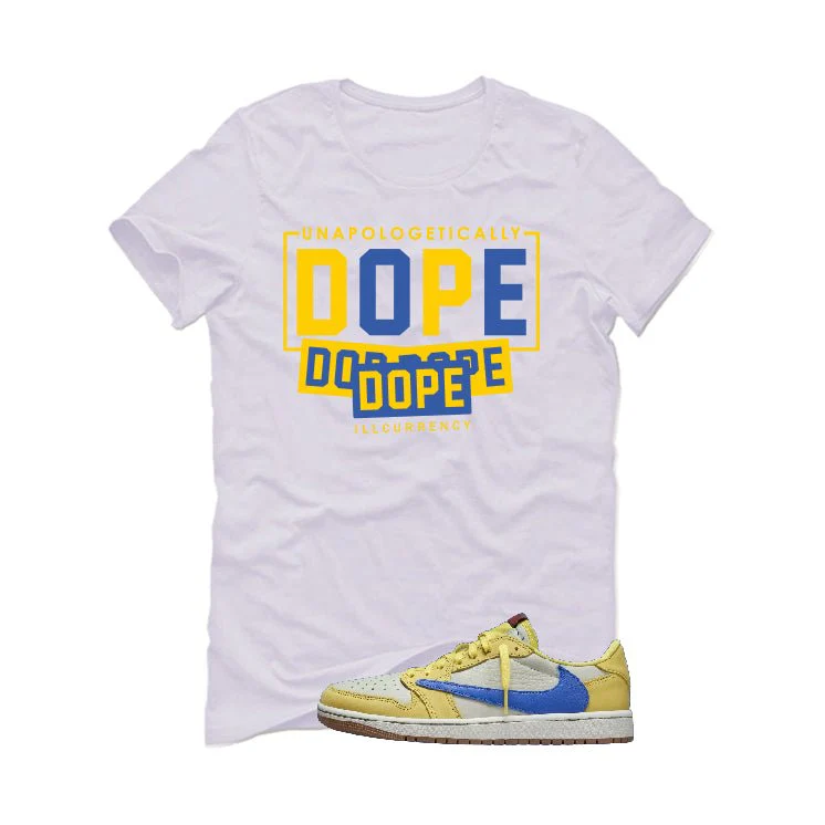 Travis Scott x Air Jordan 1 Low OG “Canary” | illcurrency White T-Shirt (DOPE) - Image 2