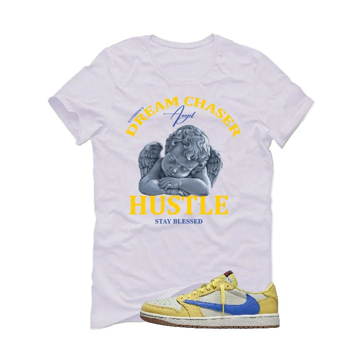 Travis Scott x Air Jordan 1 Low OG “Canary” | illcurrency White T-Shirt (Dream Chaser Angel) - Image 2