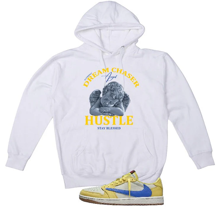 Travis Scott x Air Jordan 1 Low OG “Canary” | illcurrency White T-Shirt (Dream Chaser Angel) - Image 3