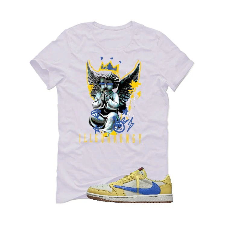 Travis Scott x Air Jordan 1 Low OG “Canary” | illcurrency White T-Shirt (Graffiti Angel) - Image 2