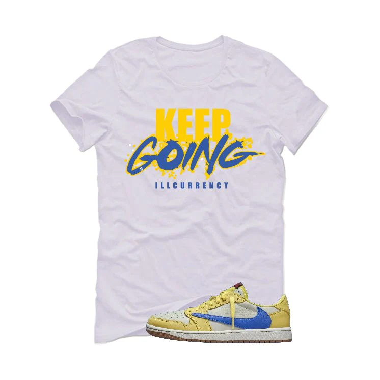 Travis Scott x Air Jordan 1 Low OG “Canary” | illcurrency White T-Shirt (keep Going) - Image 2