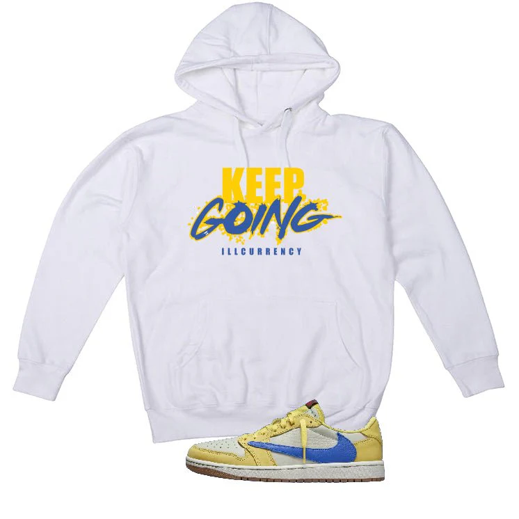 Travis Scott x Air Jordan 1 Low OG “Canary” | illcurrency White T-Shirt (keep Going) - Image 3