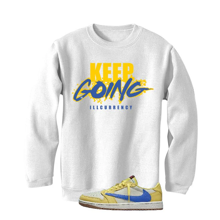 Travis Scott x Air Jordan 1 Low OG “Canary” | illcurrency White T-Shirt (keep Going) - Image 4