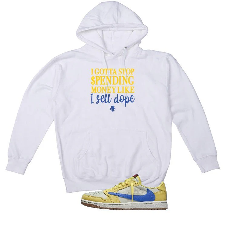 Travis Scott x Air Jordan 1 Low OG “Canary” | illcurrency White T-Shirt (STOP SPENDING MONEY) - Image 3