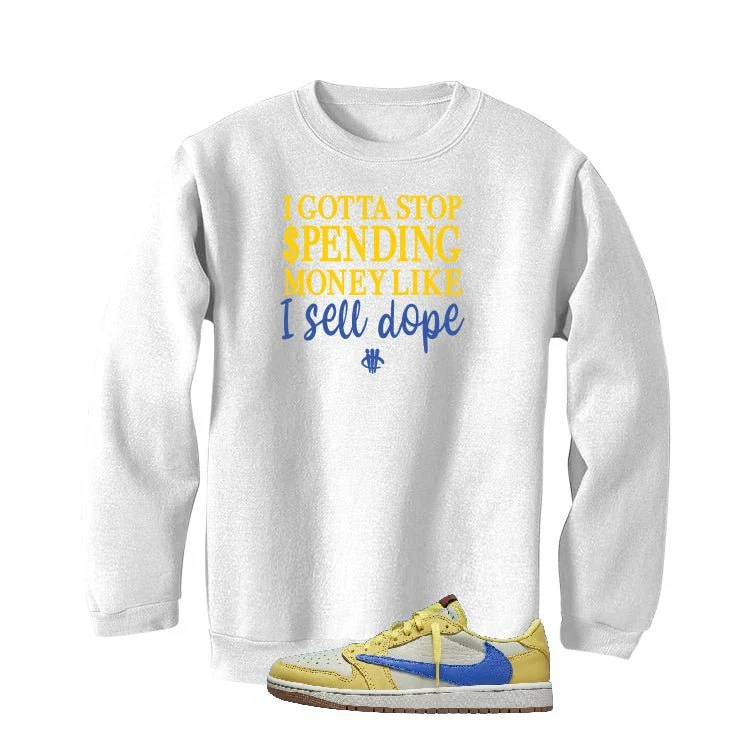 Travis Scott x Air Jordan 1 Low OG “Canary” | illcurrency White T-Shirt (STOP SPENDING MONEY) - Image 4